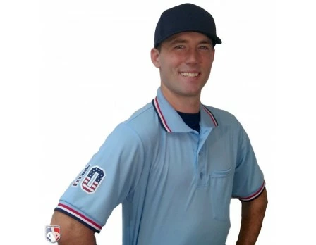 Smitty Umpire Smitty Pro Knit Umpire Shirt - Powder Blue With Red-White-Navy Trim - Image 6